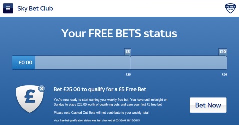 Sky Bet Club - status screen